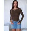 image:imageANRABESS Womens Long Sleeve Boat Neck BodysuitsBlack Brown Stripe