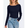 image:imageANRABESS Womens Long Sleeve Shirts Boat Neck Fitted TopsNavy Blue