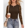 image:imageANRABESS Womens Long Sleeve Shirts Crew Neck Mesh Sheer TopFloral Brown