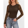 image:imageANRABESS Womens Long Sleeve Shirts Crew Neck Mesh Sheer TopFloral Brown