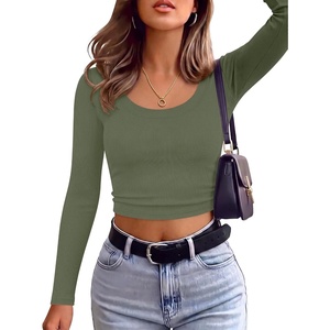 image:imageANRABESS Long Sleeve Crop Top for Women Scoop Neck Ribbed ShirtsArmy Green