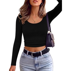 image:imageANRABESS Long Sleeve Crop Top for Women Scoop Neck Ribbed ShirtsBlack