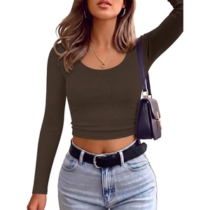 image:imageANRABESS Long Sleeve Crop Top for Women Scoop Neck Ribbed ShirtsBrown