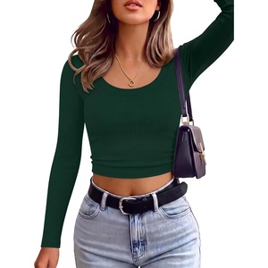 image:imageANRABESS Long Sleeve Crop Top for Women Scoop Neck Ribbed ShirtsDark Green