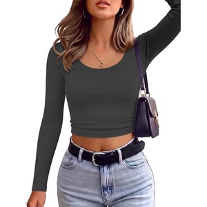 image:imageANRABESS Long Sleeve Crop Top for Women Scoop Neck Ribbed ShirtsDeep Grey