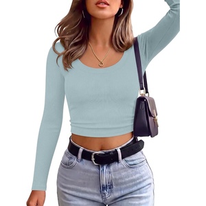 image:imageANRABESS Long Sleeve Crop Top for Women Scoop Neck Ribbed ShirtsGrey Blue