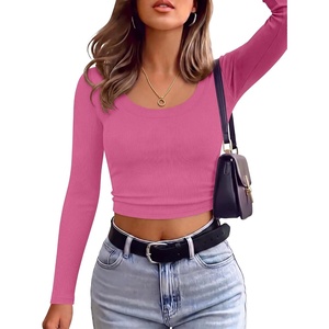 image:imageANRABESS Long Sleeve Crop Top for Women Scoop Neck Ribbed ShirtsHot Pink