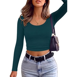 image:imageANRABESS Long Sleeve Crop Top for Women Scoop Neck Ribbed ShirtsLake Blue