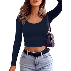 image:imageANRABESS Long Sleeve Crop Top for Women Scoop Neck Ribbed ShirtsNavy Blue