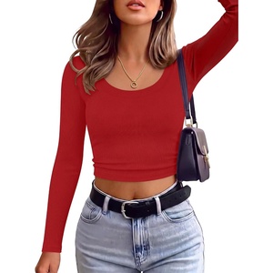 image:imageANRABESS Long Sleeve Crop Top for Women Scoop Neck Ribbed ShirtsRed