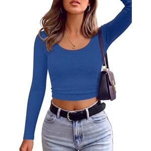 image:imageANRABESS Long Sleeve Crop Top for Women Scoop Neck Ribbed ShirtsRoyal Blue
