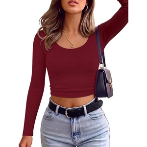 image:imageANRABESS Long Sleeve Crop Top for Women Scoop Neck Ribbed ShirtsWine Red