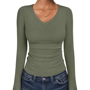image:imageANRABESS Long Sleeve Shirts for Women Fall V Neck Slim Fit Tops Basic TeeArmy Green