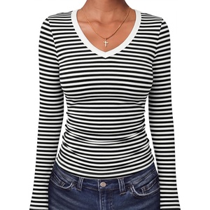 image:imageANRABESS Long Sleeve Shirts for Women Fall V Neck Slim Fit Tops Basic TeeBlack White