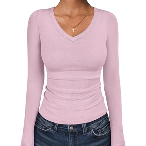 image:imageANRABESS Long Sleeve Shirts for Women Fall V Neck Slim Fit Tops Basic TeeBright Pink