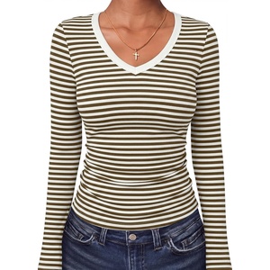 image:imageANRABESS Long Sleeve Shirts for Women Fall V Neck Slim Fit Tops Basic TeeBrown White