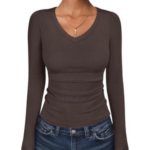 image:imageANRABESS Long Sleeve Shirts for Women Fall V Neck Slim Fit Tops Basic TeeCoffee