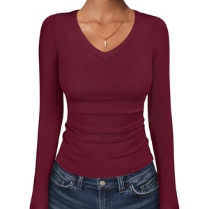 image:imageANRABESS Long Sleeve Shirts for Women Fall V Neck Slim Fit Tops Basic TeeDeep Red