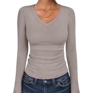 image:imageANRABESS Long Sleeve Shirts for Women Fall V Neck Slim Fit Tops Basic TeeGray Khaki