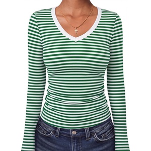image:imageANRABESS Long Sleeve Shirts for Women Fall V Neck Slim Fit Tops Basic TeeGreen White