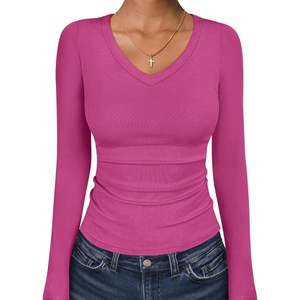 image:imageANRABESS Long Sleeve Shirts for Women Fall V Neck Slim Fit Tops Basic TeeHot Pink