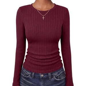 image:imageANRABESS Long Sleeve Shirts for Women Ribbed Fitted TopBurgundy