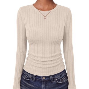 image:imageANRABESS Long Sleeve Shirts for Women Ribbed Fitted TopLight Khaki