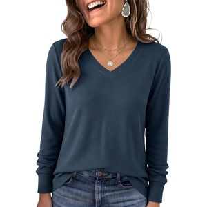 image:imageANRABESS Long Sleeve Shirts for Women Waffle Knit V NeckNavy Blue