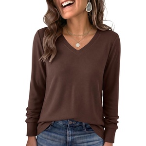 image:imageANRABESS Long Sleeve Shirts for Women Waffle Knit V NeckRed Brown