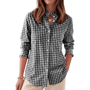 image:imageANRABESS Womens Long Sleeve Button Down Shirts Gingham Striped BlousesBlack White Plaid