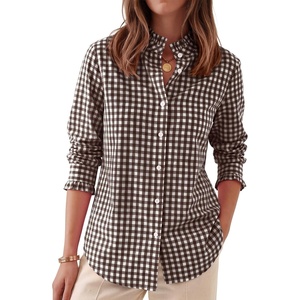 image:imageANRABESS Womens Long Sleeve Button Down Shirts Gingham Striped BlousesBrown White Plaid