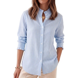 image:imageANRABESS Womens Long Sleeve Button Down Shirts Gingham Striped BlousesLight Blue White Stripe