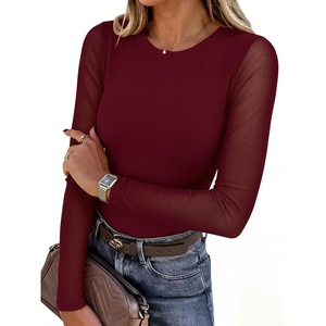 image:imageANRABESS Womens Long Sleeve Shirts Crew Neck Mesh Sheer TopBurgundy