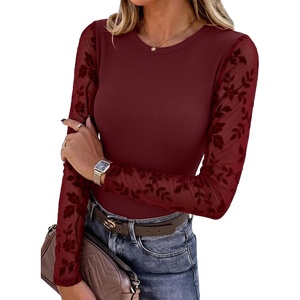 image:imageANRABESS Womens Long Sleeve Shirts Crew Neck Mesh Sheer TopFloral Red