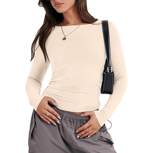image:imageANRABESS Womens Long Sleeve Shirts Fitted Crop TopsApricot