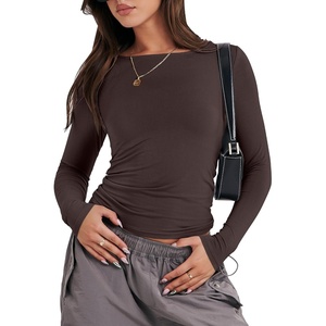 image:imageANRABESS Womens Long Sleeve Shirts Fitted Crop TopsDeep Brown