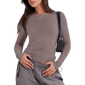 image:imageANRABESS Womens Long Sleeve Shirts Fitted Crop TopsGrey Khaki