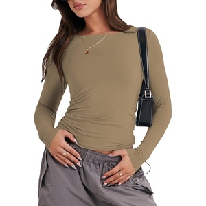 image:imageANRABESS Womens Long Sleeve Shirts Fitted Crop TopsKhaki