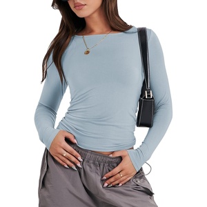 image:imageANRABESS Womens Long Sleeve Shirts Fitted Crop TopsLight Blue