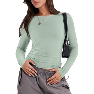image:imageANRABESS Womens Long Sleeve Shirts Fitted Crop TopsLight Green