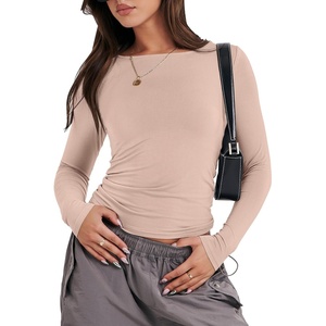 image:imageANRABESS Womens Long Sleeve Shirts Fitted Crop TopsLight Khaki