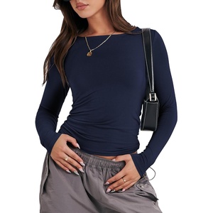 image:imageANRABESS Womens Long Sleeve Shirts Fitted Crop TopsNavy Blue