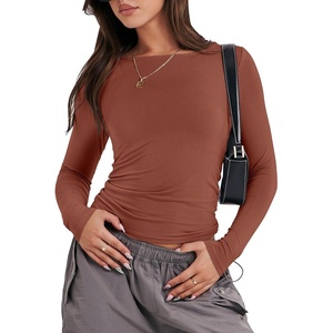 image:imageANRABESS Womens Long Sleeve Shirts Fitted Crop TopsReddish Brown