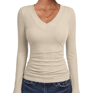 image:imageANRABESS Womens Long Sleeve Shirts V Neck Ribbed TopBeige