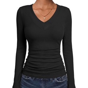 image:imageANRABESS Womens Long Sleeve Shirts V Neck Ribbed TopBlack