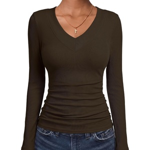 image:imageANRABESS Womens Long Sleeve Shirts V Neck Ribbed TopCoffee
