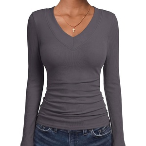 image:imageANRABESS Womens Long Sleeve Shirts V Neck Ribbed TopDeep Grey