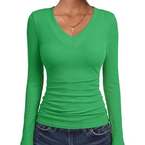 image:imageANRABESS Womens Long Sleeve Shirts V Neck Ribbed TopLight Green