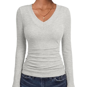 image:imageANRABESS Womens Long Sleeve Shirts V Neck Ribbed TopLight Grey