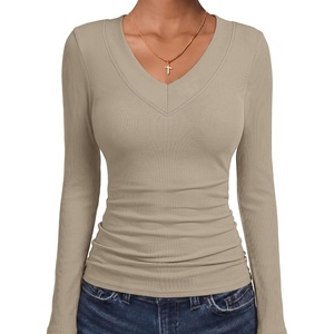 image:imageANRABESS Womens Long Sleeve Shirts V Neck Ribbed TopLight Khaki
